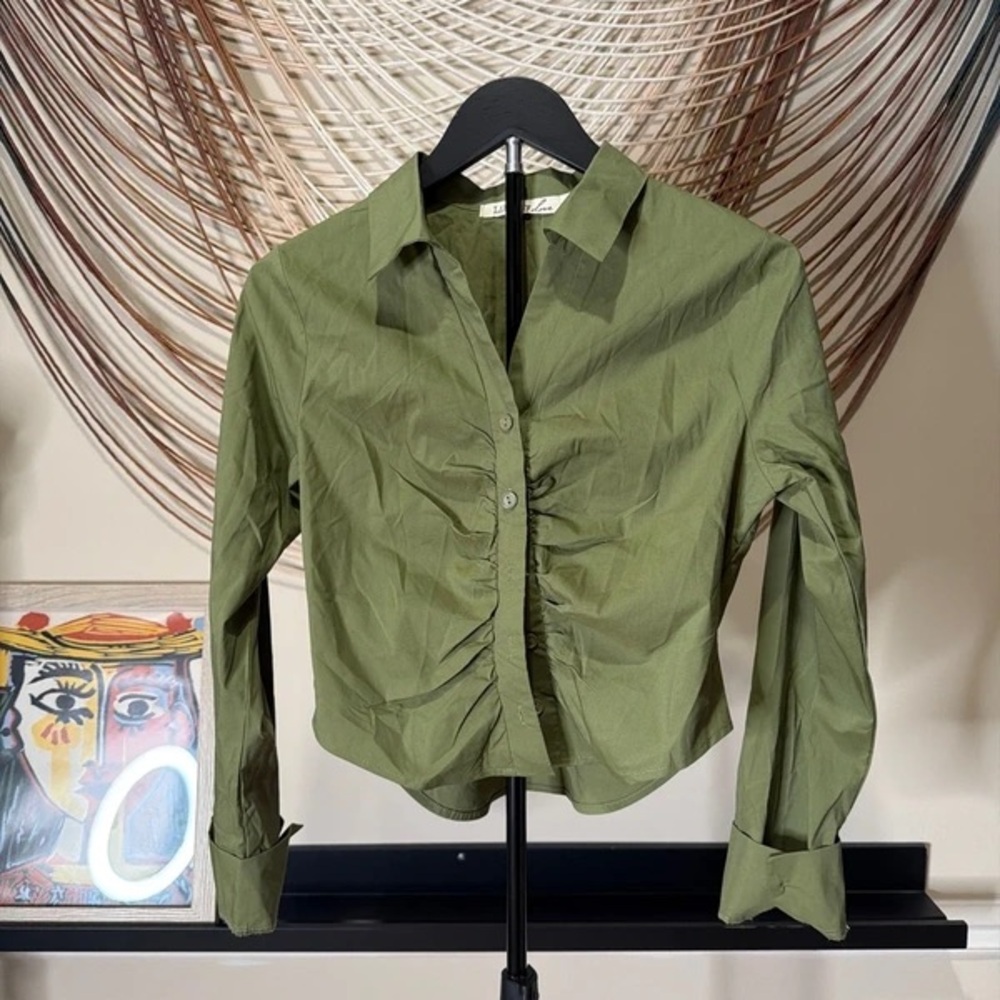 Love Olive Green Ruched Button-Front Shirt
